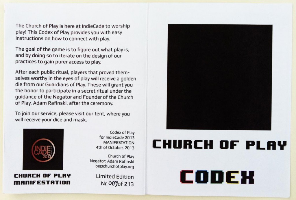 Front and Back of the first Codex of Play, as published at IndieCade 2013