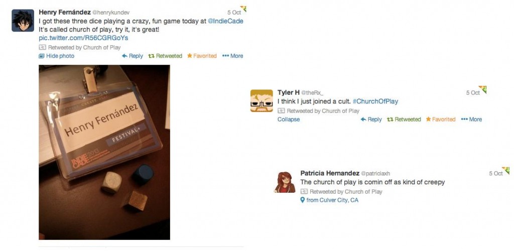 Some examples of Tweets that spread the word about CoP during IndieCade.