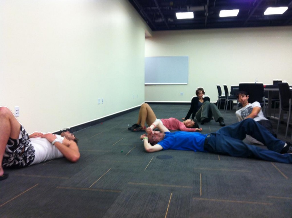 Exhausted USC students after participating in an ecstatic ritual, designed by one of the workshop participants.